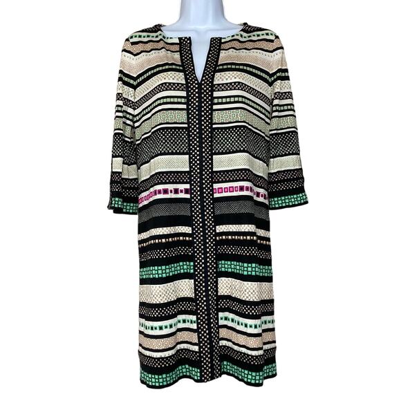 Diane Von Furstenberg Rose Print Silk Shift Dress Split Neck Striped Mini Size 4 - Picture 2 of 16